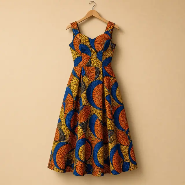 Robe midi en wax orange, bleu et jaune sur un cintre